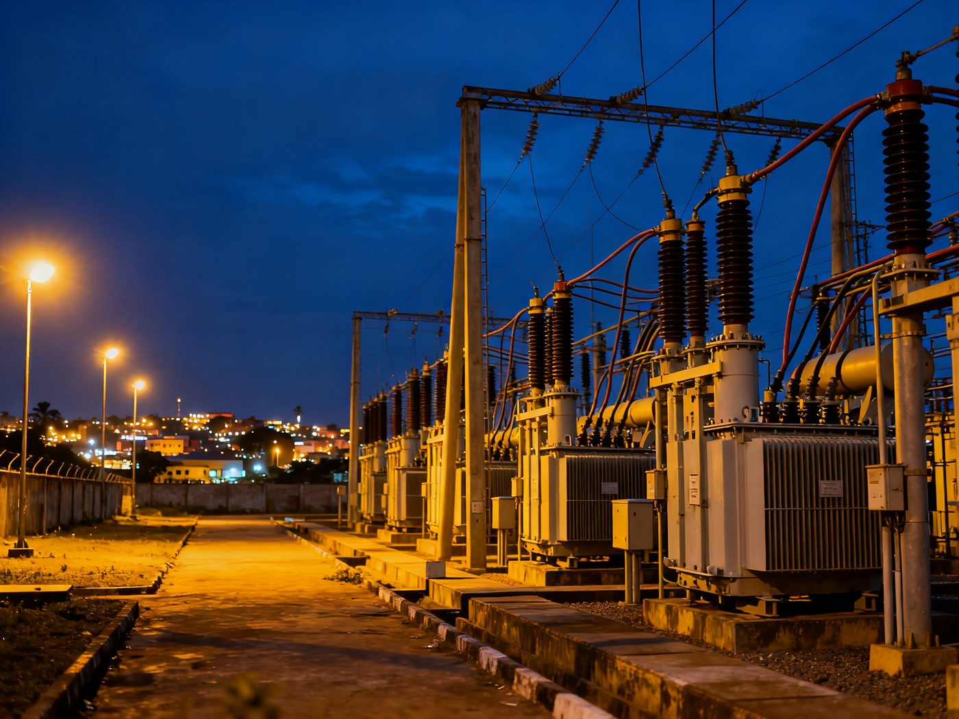 Electricity distribution substation at dusk