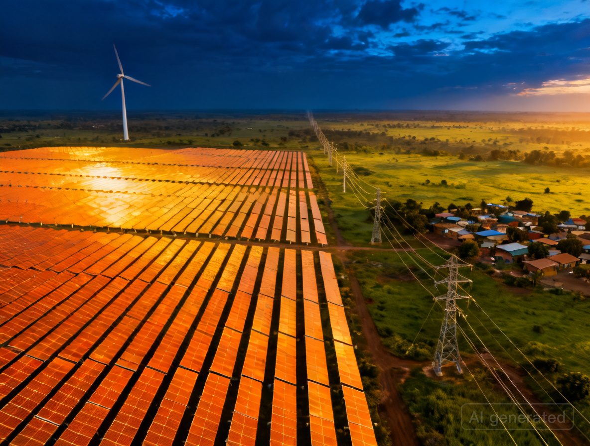 Solar farm and transmission lines at golden hour