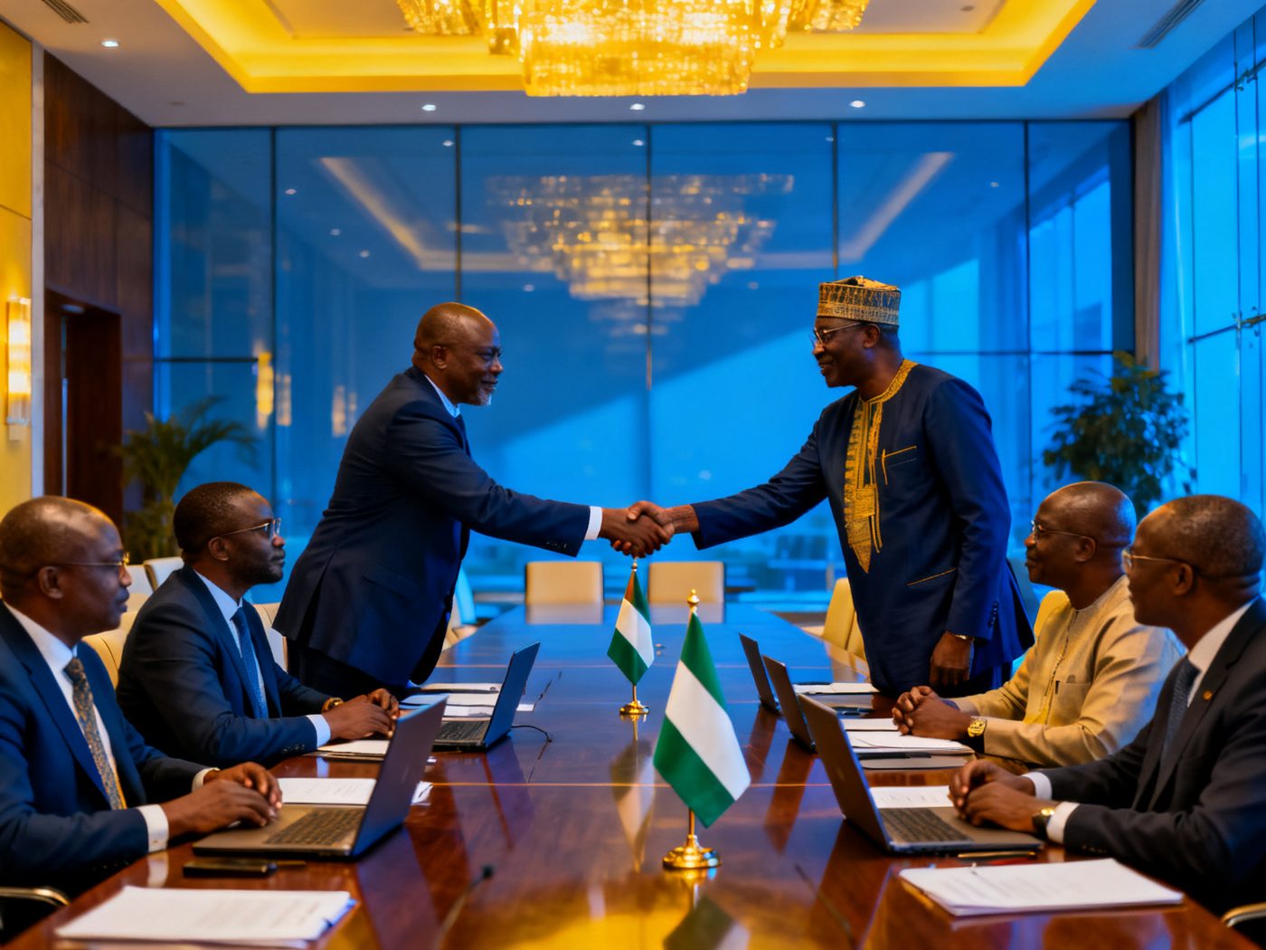 Federal and state officials shaking hands across a conference table